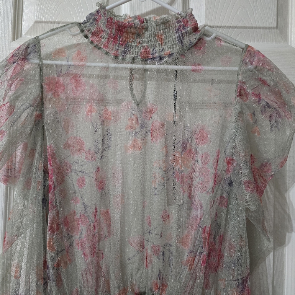 Cottagecore Sheer Floral Mesh Puff Shoulder Smocked Mockneck Top, NWT, Sz Medium - Picture 3 of 14